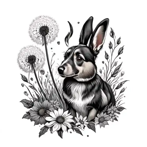 Dandelions And Dog And Fire And Rabbit And Flowers Tattoo Sleeve