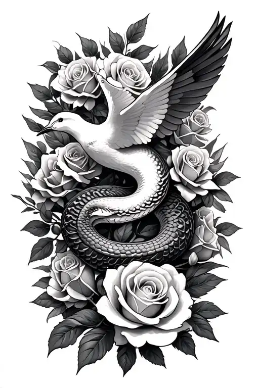 Serpent And Dove Intertwined Surrounded By Roses And Olive Leaf