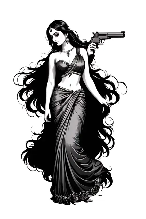 South Asian Woman With Long Black Hair Wearing Sari Modern With A Gun