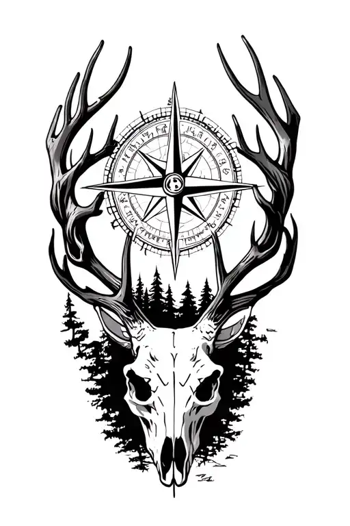 Detailed Compass Rose Surrounded By Deer Skull And Forest