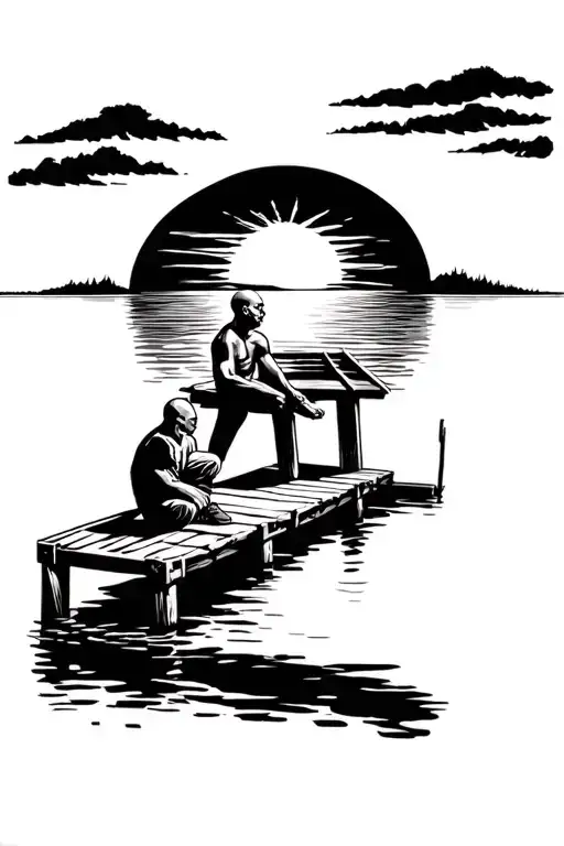 Old Bald Black Man Sitting On A Dock At Sunset