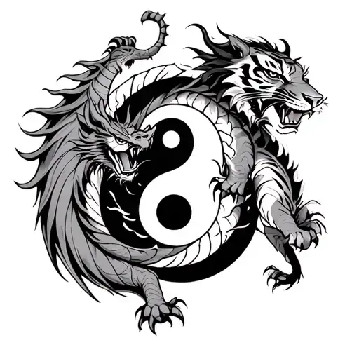 Yin Yang Symbol With Dragon And Tiger Fighting
