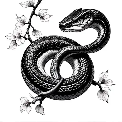 Climbing Snake On A Bloom Cherry Tree