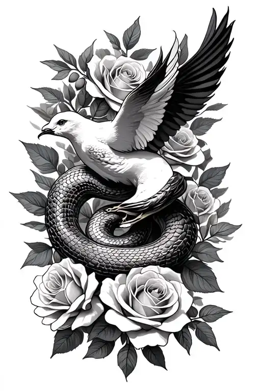 Serpent And Dove Intertwined Surrounded By Roses And Olive Leaf
