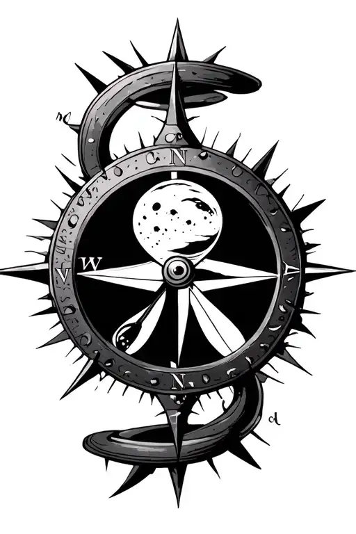 Spiked Compass With An Hourglass And With Moon Phases