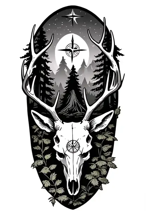 Forest Landscape Surrounded By Deer Skull With Compass