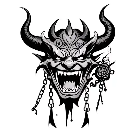 Japanese Hannya Oni Demon Tattoo With Chains Hanging From The Mouth