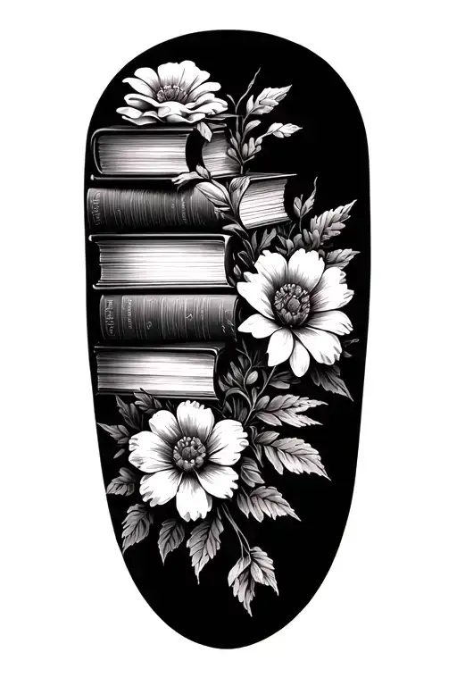 Stack Of Books Behind A Half Sleeve Of Flowers