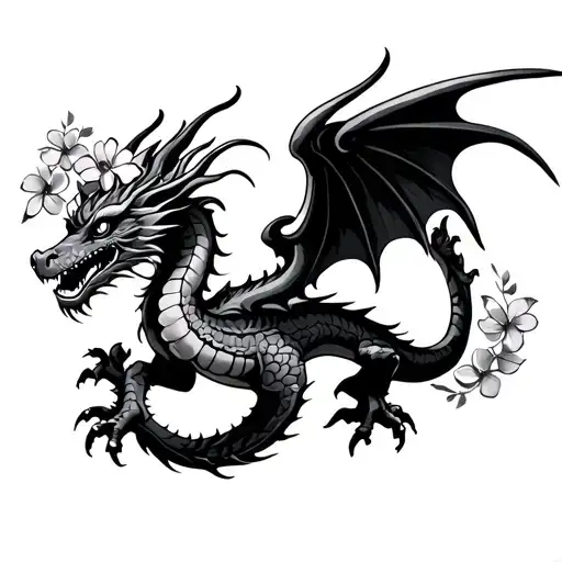 Dragon With Wings Coiled With Flowers