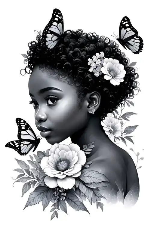 Black Girl With Flowers And Butterflies