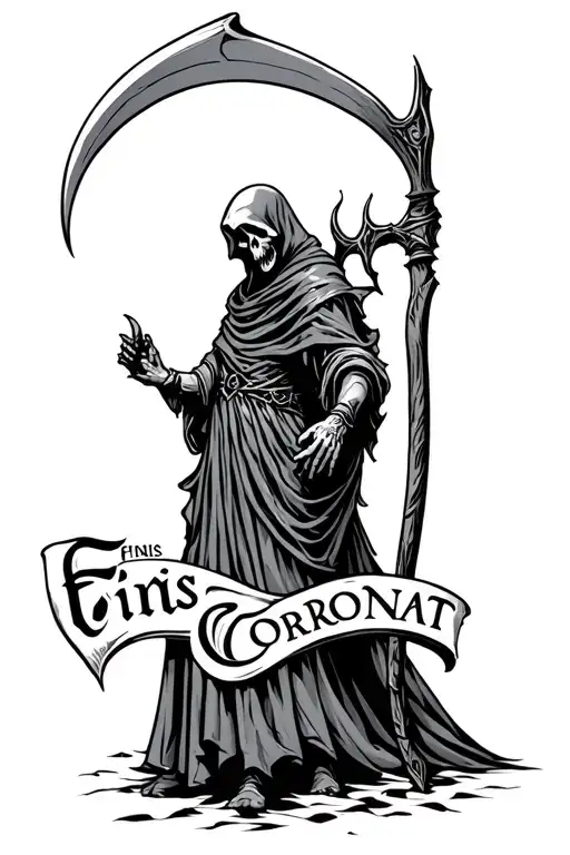 Reaper With Scythe And Text Saying Finis Coronat Opus
