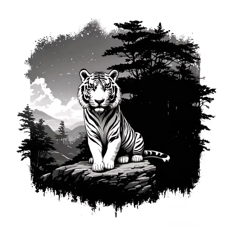 White Tiger Sitting On Cliff