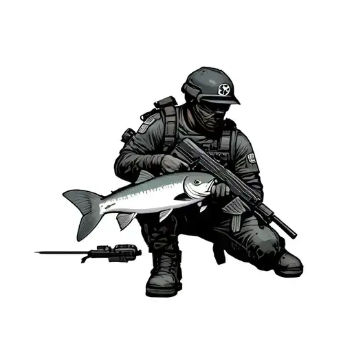 Tactical Swat Police In Full Tactical Gear On One Knee Holding A Salmon Instead Of A Riffle