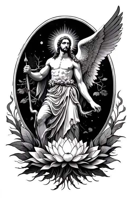 Saint Michael Fine Line With Lotus And Tree Of Life