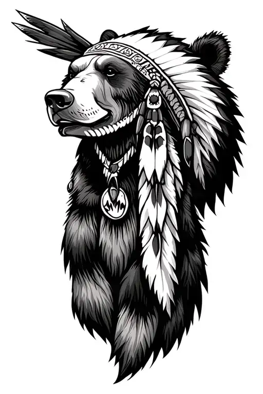 Native Chief Head Wearing Grizzly Bear Head