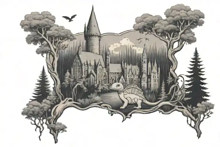 Forest Area With Hogwarts In Background And Squirtle Hiding In Trees