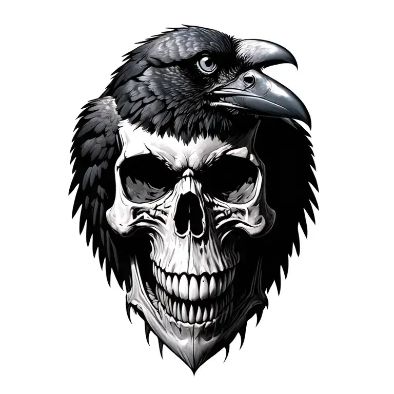 Realistic Looking Crow Sitting In Top Of Dangerous Looking Skull Face With Grimming Teeth