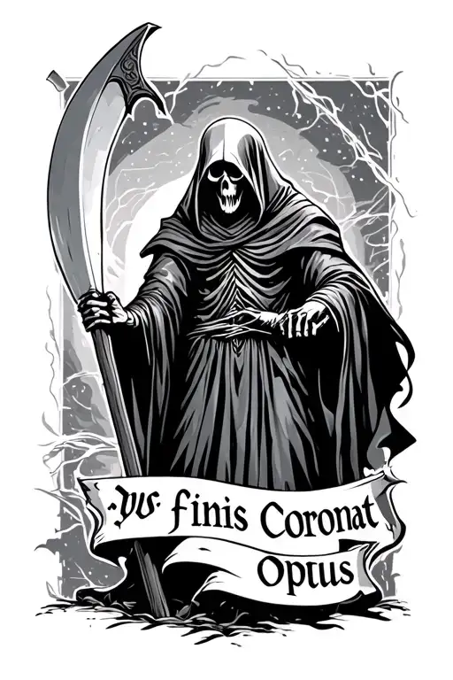 Reaper With Scythe And Text Saying Finis Coronat Opus