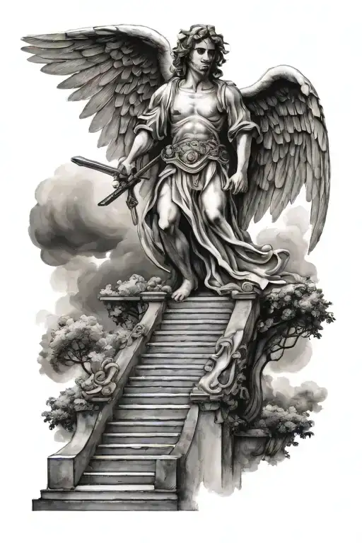 Stairway To Heaven With Angel Holding A Sword