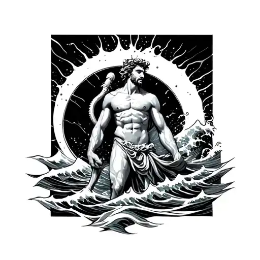 Poseidon With A Wave In The Background Black