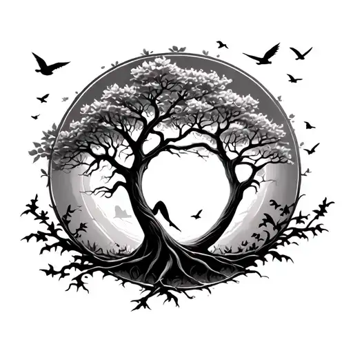 Tree Of Life Inside An Open Qcircle With Birds Flying Away