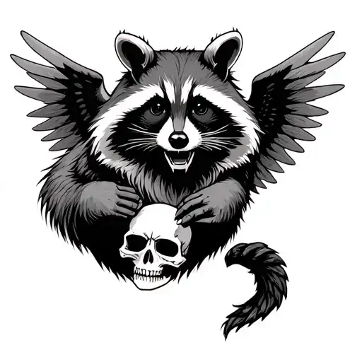 Raccoon With Horns And Wings And A Skull In His Hands