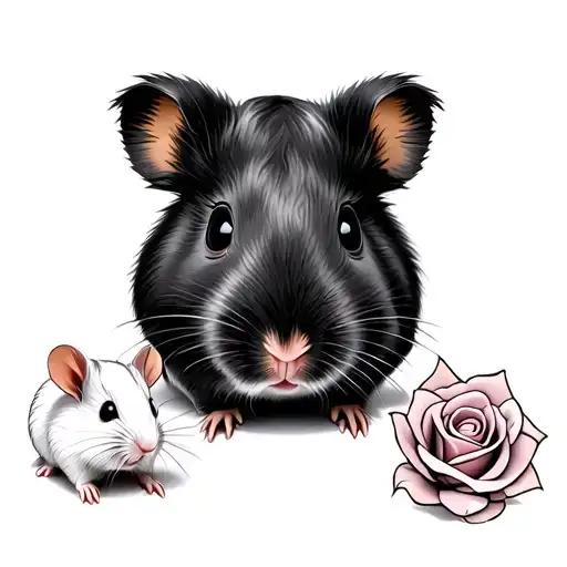 A Guinea Pig With Two Hamsters And A Rose