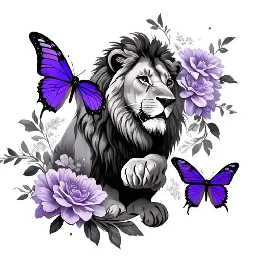 Lion Fighting With Purple Butterfly Surrounding Flowers And Butterfly