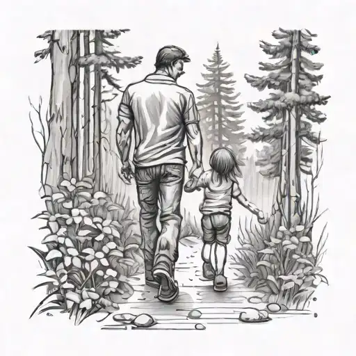 Father With Young Son And Daughter Walking In The Woods Holding Hands