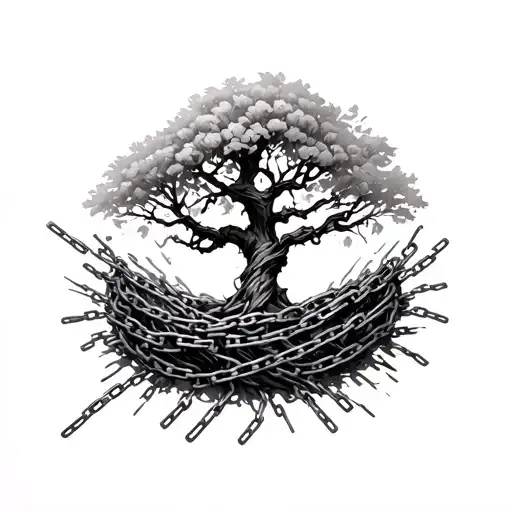 Cherry Tree Wrapped Around Chains Breaking And Bursting