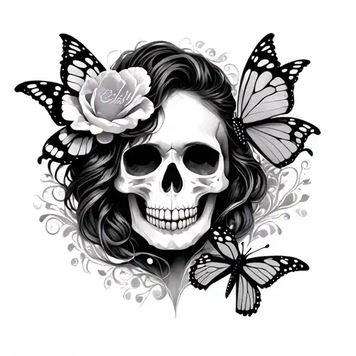 Woman Face Skull And Watch And Butterfly