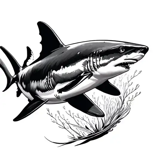 2 Reef Sharks Chasing Each Other In Fine Line Drawing