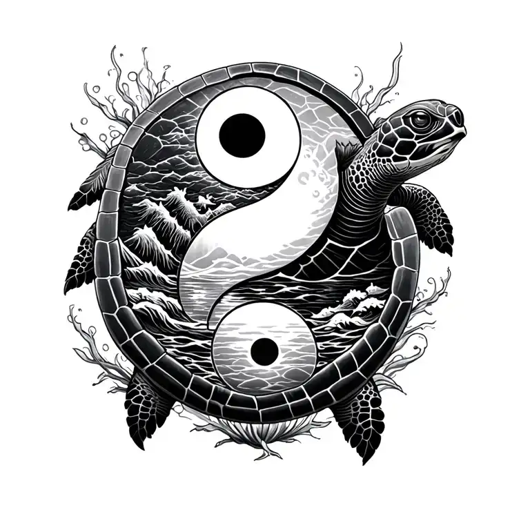 A Tattoo Combining A Sea Turtle And A Ying Yang In Its Shell With An Ocean Theme In The Ying Yang