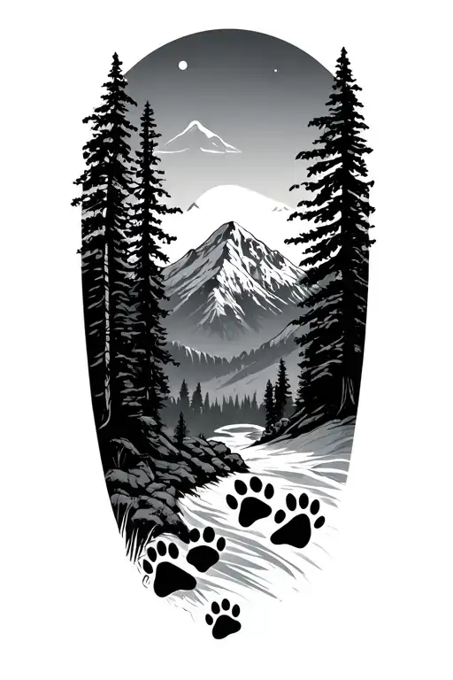 Mountain Woods And Paw Prints Leading