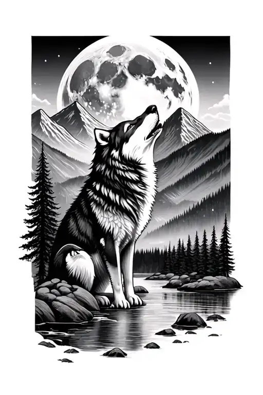 A Wolf Howling At The Moon Surrounded By Mountains And Trees With An River In The Foreground