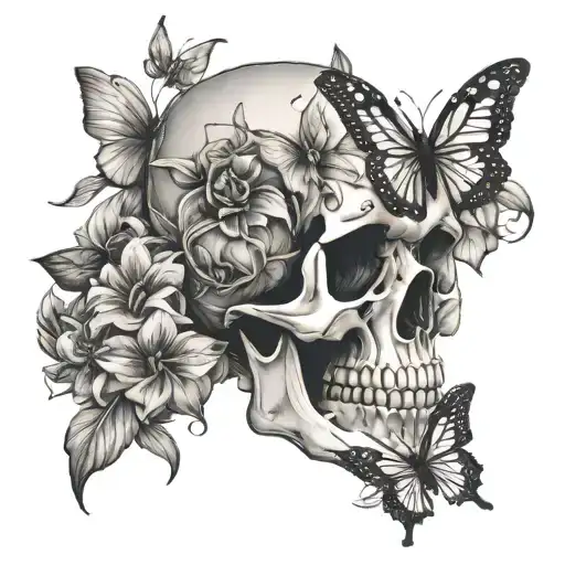 Skull Flowers And Butterflies