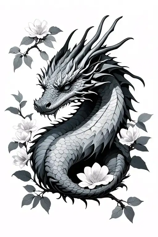 Dragon And Flowers Of Apple Trees And