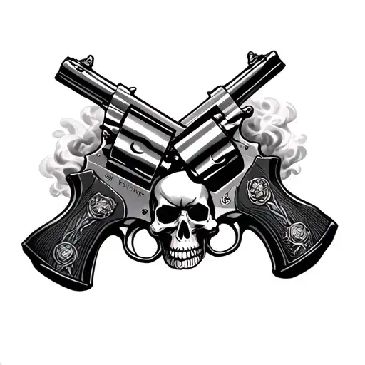 Two Revolvers Crossing With A Skull Over Them And Smoke Around Them