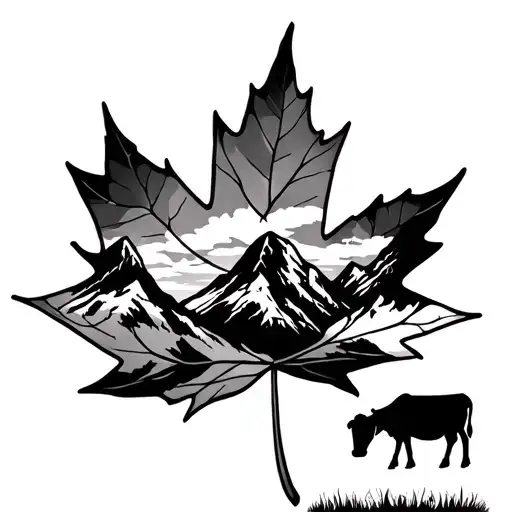 Maple Leaf With Mountains And Cows Grazing