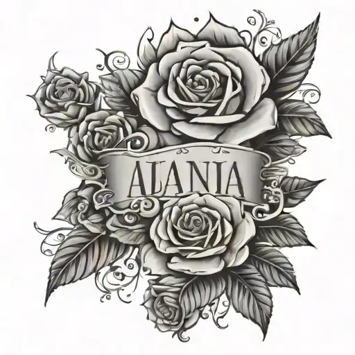 The Name Al'jania In Red With Black Flowers And Roses