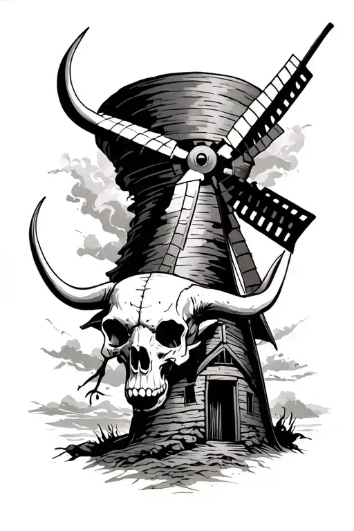 Tornado And Longhorn Skull And Windmill