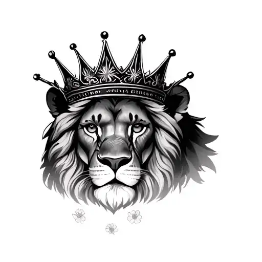 Realistic Lion Facing Forward Wearing A Crown With A Third Eye And Flower Base