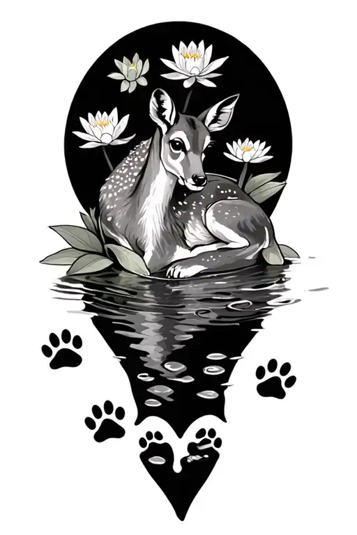 Fawn Laying Down With Paw Prints And Water Lily Flowers