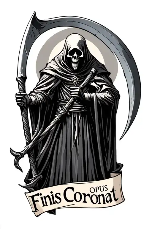Reaper With Scythe And Text Saying Finis Coronat Opus