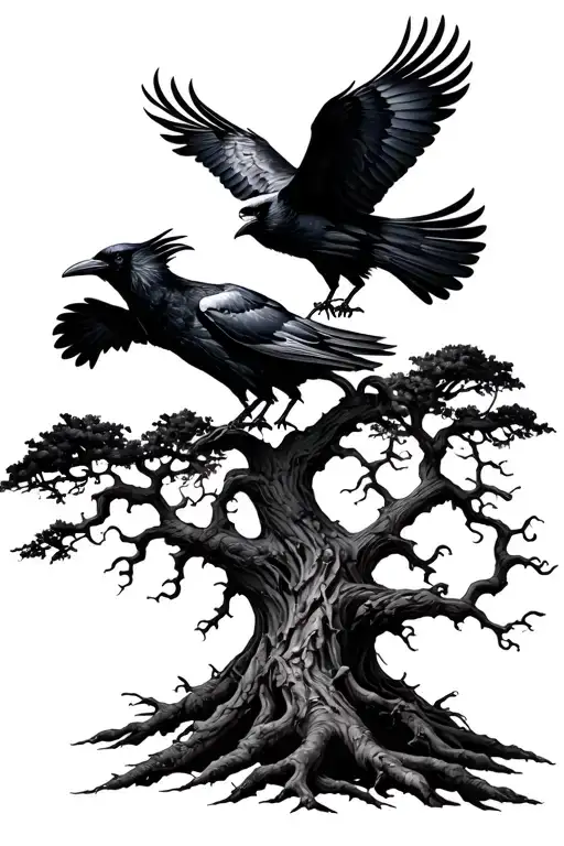 Yggdrasil Tree With 2 Ravens Flying