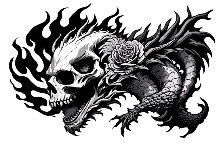 Skull Roses Fire Dragon Emerging