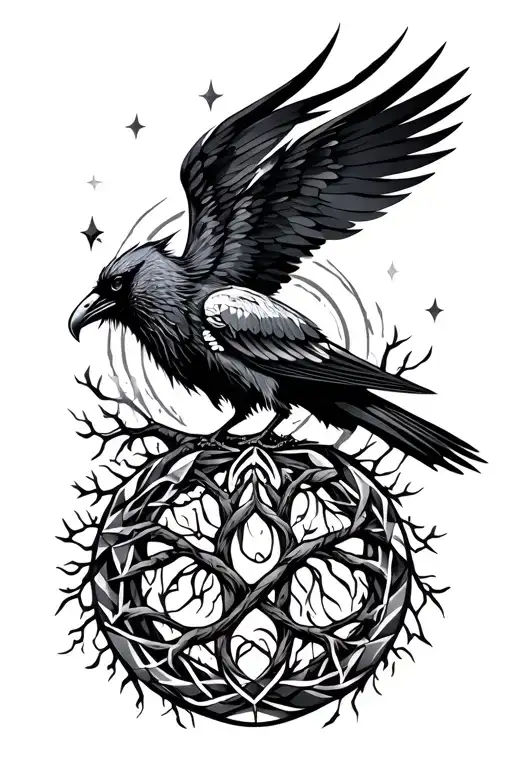 Viking Raven And Tree Of Life Intertwined Geometric Design