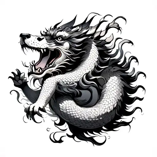 Dog Chasing A Chinese Dragon Intertwined