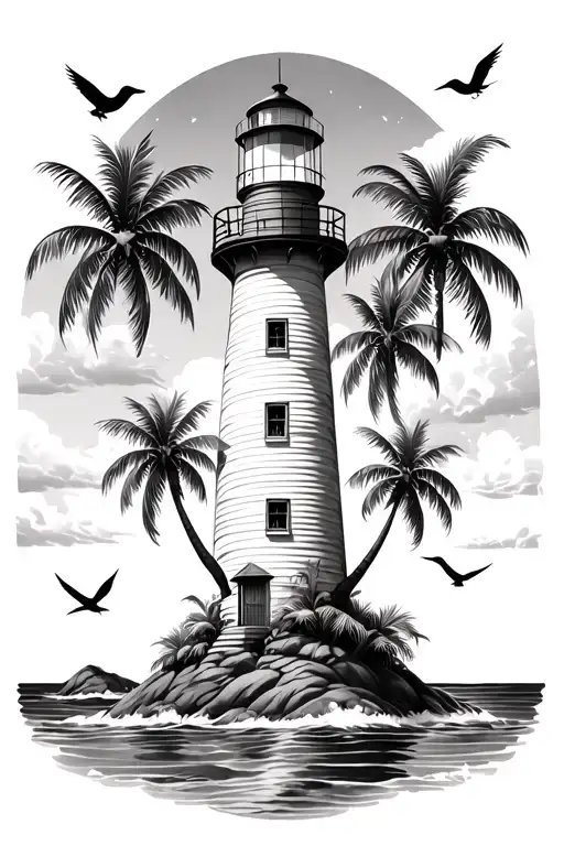 Lighthouse On An Island With Banana Trees And Birds