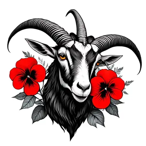 Capricorn Goat And Red Pansies